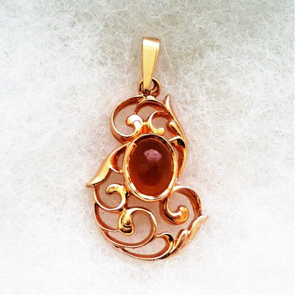 Vintage Russian Soviet USSR 14K 583 Rose Pink Gold Red Chalcedony Pendant - Picture 3 of 5